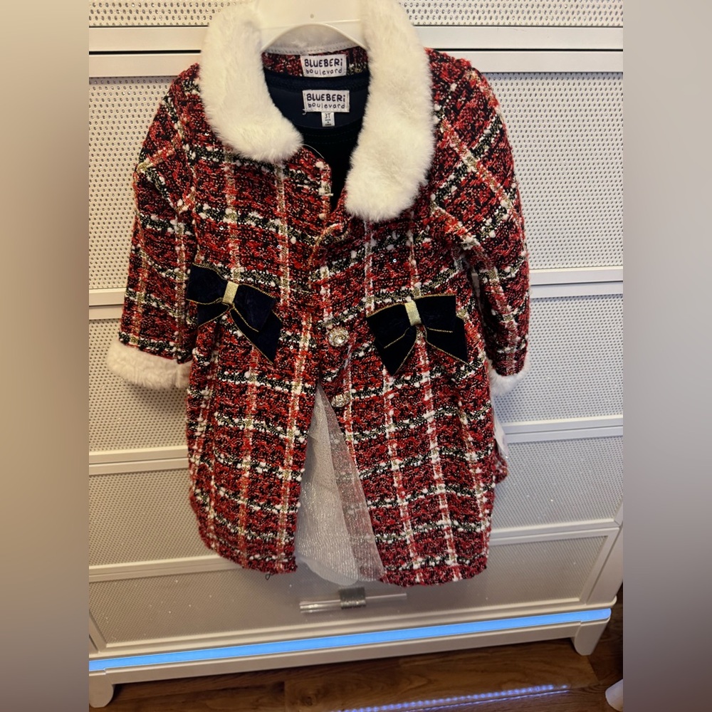 Blueberi Boulevard Kids Red and Black Plaid Coat with Faux Fur